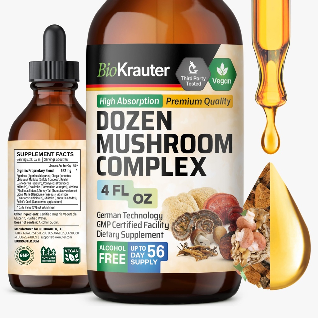 BIO KRAUTER Duzen Mushroom Tinktur - immunstøtte Supplement Drops - Fremmer Digestive & Kognitiv støtte - Ikke-GMO, flytende immunforsvar Formula - 4 fl.