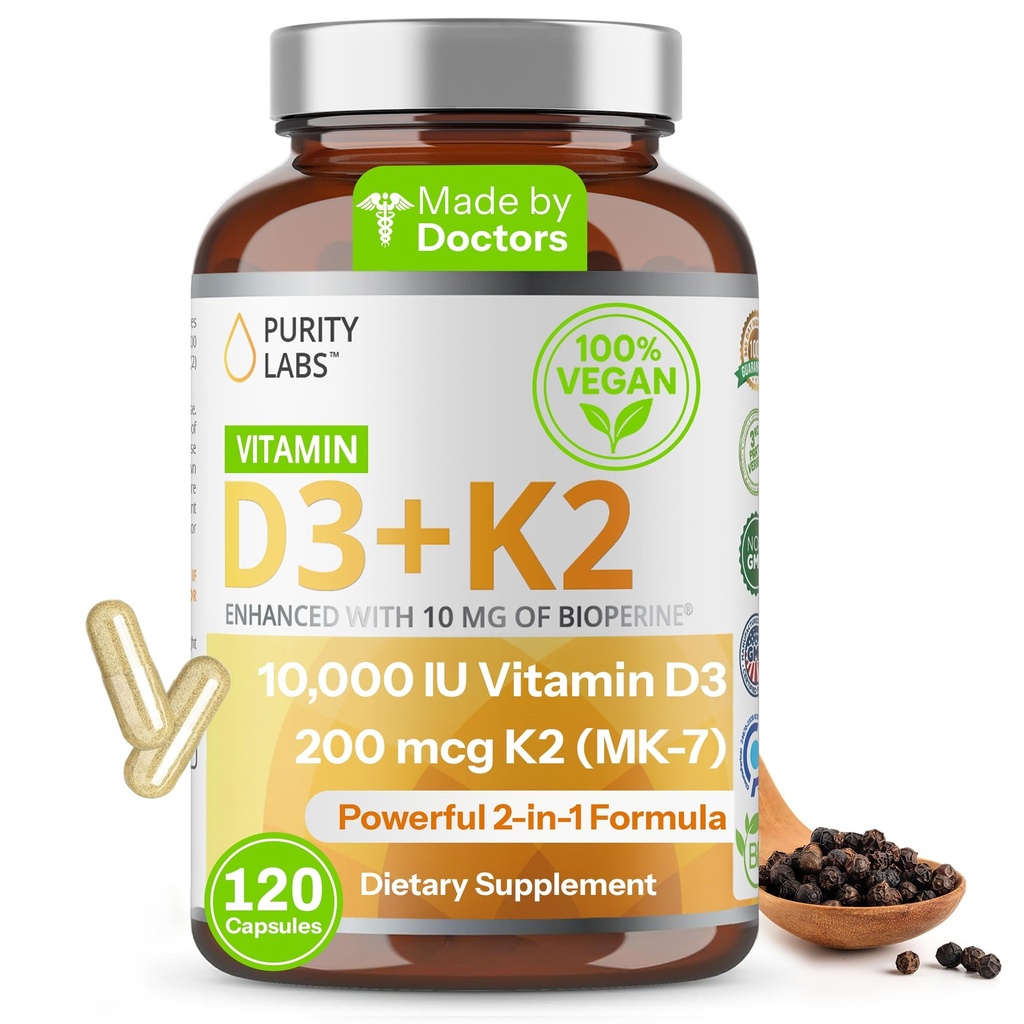 Renhet Labs Vitamin D3 K20000 IU, (250mcg) D3 + 200mcg K2 MK7 - Immunstøtte Supplement Forbedret med Bioperine - Kosttilskudd for daglig forsvar, bein, muskel og hud helse - 120 Kapsler
