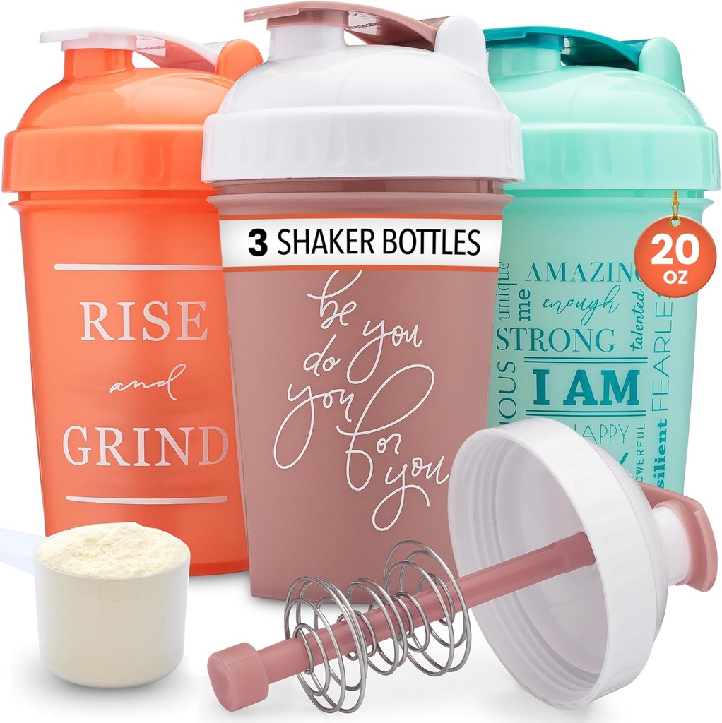 GOMOYO [3-Pack] 20-Ounce Shaker-flaske med Action-Rod Mixer | Protein Shaker-flaske med Motivationelle sitater | Shakers for Protein Shakers er BPA gratis og oppvaskmaskin trygt | Coral, Mint, & Rose
