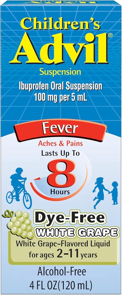 Barns Advil Pain Reliever og feber Reduser, Dye Free Barns Ibuprofen for smertelindring, flytende ibuprofen for barn, hvit grape - 4 Fl Oz