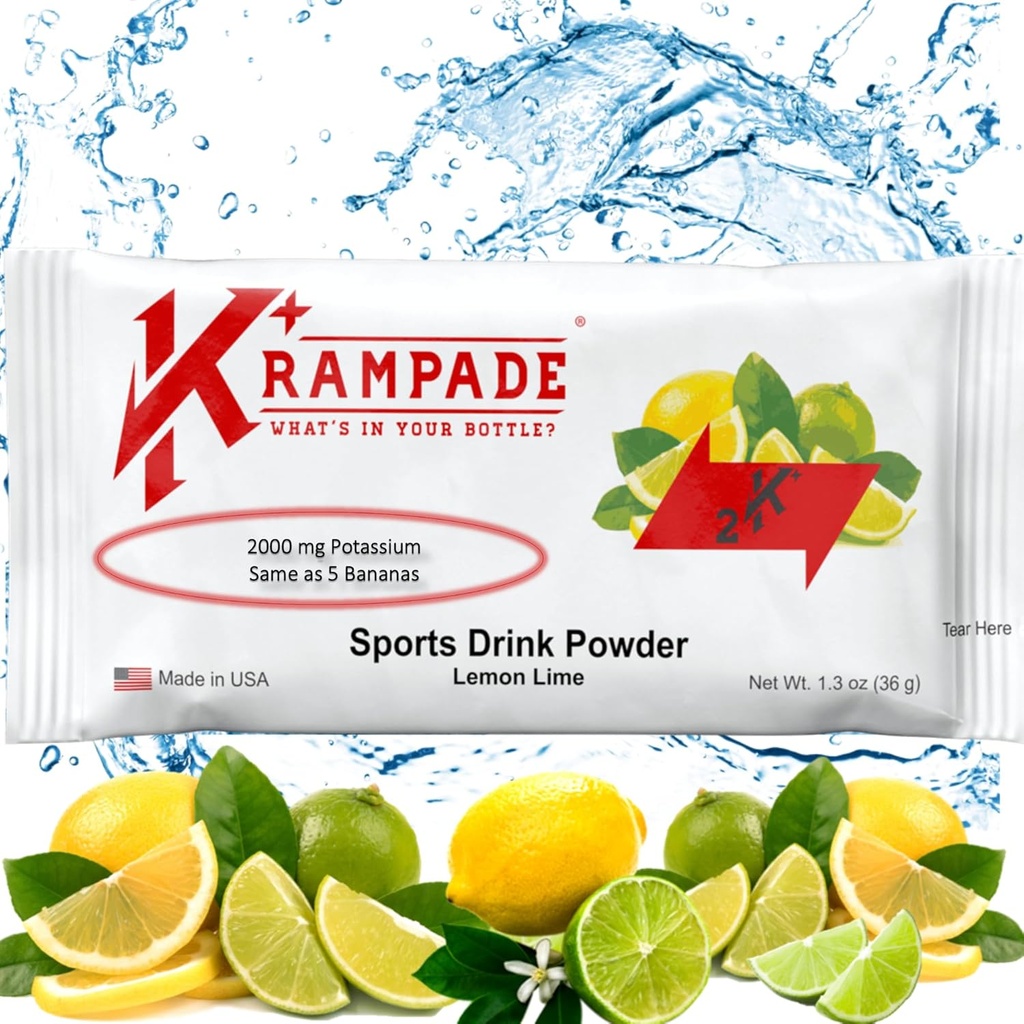 Krampade opprinnelige 2K - 2000mg høy Kalium Cramp Relief Elektrolytt drikke pulver: raskere gjenoppretting, langsommere tretthet, optimalisert hydrasjon | 20 enkelt serveringspakker (Lemon Lime)