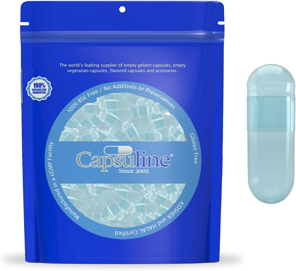 Capsuline Spirulina Farget Størrelse 0 Tom Vegan Kapsler Blå/Blå - 100 greve - Vegetarisk Tom Pill Kapsler - DIY Grønnsaker Kapsel Fylling - Veggie Pill Kapsler - Kosher og Halal sertifisert