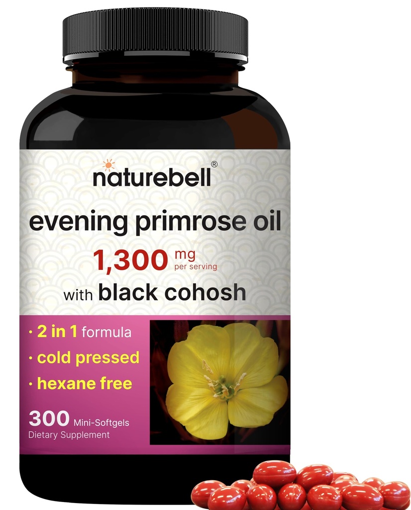 NatureBell Aften Primrose Olje med svart cohosh, 1.300mg Per Serving, 300 Mini-Softgels | Kaldt presset frø, inneholder 130mg GLA for kvinners helse og hudpleie støtte - Heksan gratis, ikke-GMO