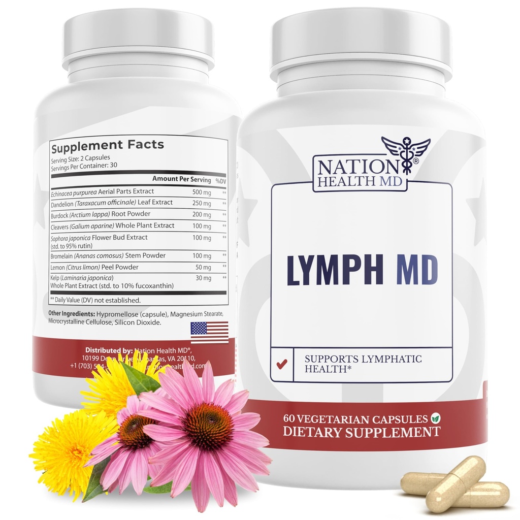 Lymph MD - Lymphic Drainage Supplement - med Bromelain, Echinacea, Burdock Root, Dandelion, Rutin, Kelp & Mer - Lymph System Støtte for kvinner og menn - 60 Kapsler