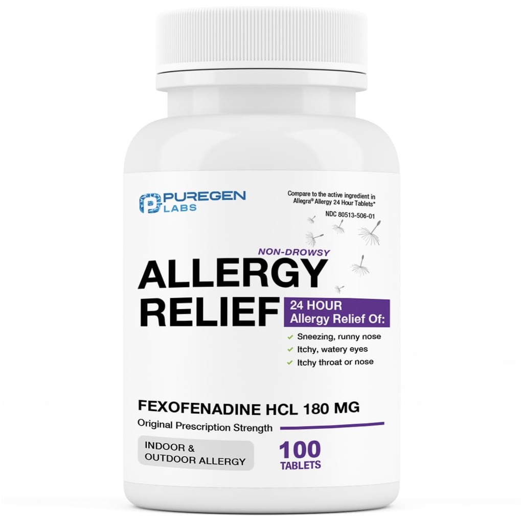 Puregen Labs Allergi Relief, Fexofenadin 180mg, 100 tabletter – 24 timers ikke-Drowsy Antihistamine Allergi medisin for Runny Nese, Sneezing, kløende, vannige øyne - laget i USA