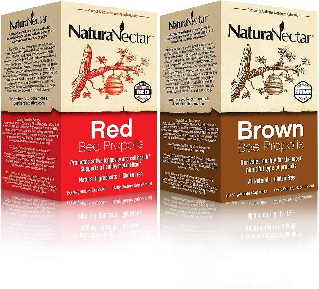 NaturaNectar Natural Bee Propolis Bundle - Rødt Propolis og brunt Propolis - for immunstøtte, pustende helse og sunn metabolisme - 60 kapsler per flaske