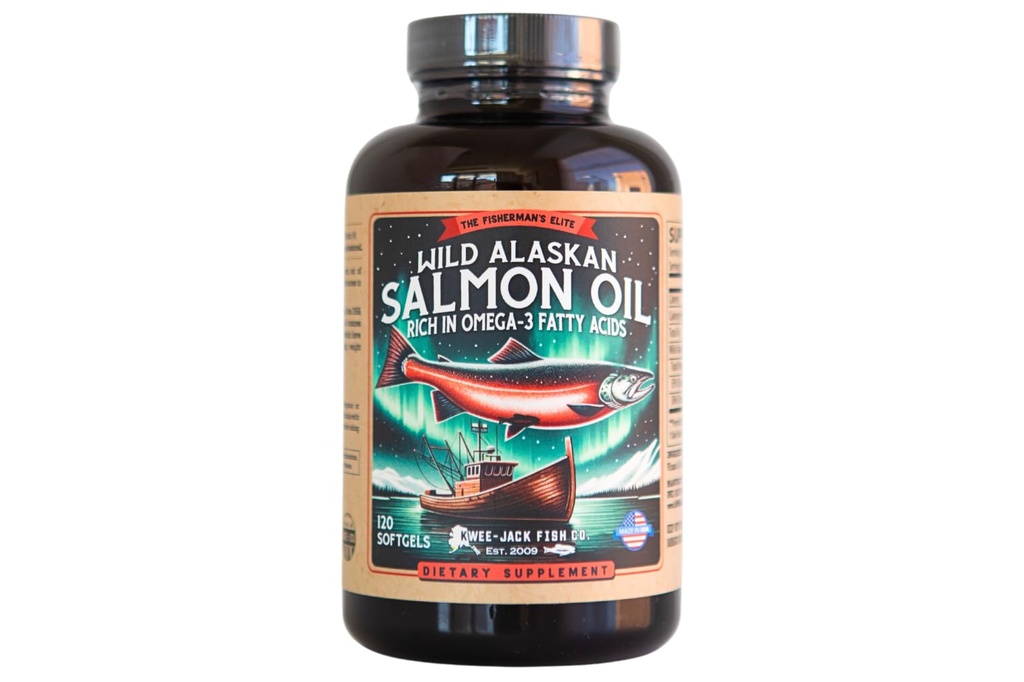 Wild Alaskan Salmon Fish Oil Omega 3 Supplement for mennesker EPA og DHA | Kwee-Jack Fish Co. | 120 Softgels 1000mg Salmonolje