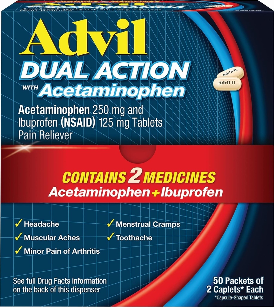 Advil Dual Action Coated Caplets med Acetaminophen, 250 Mg Ibuprofen og 500 Mg Acetaminophen per dose (2 Dose Ekvivalent) i 8 timers smertelindring - 2 Antall x 50