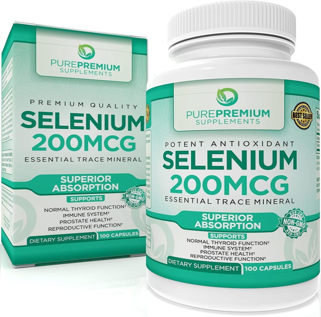 PurePremium Selenium 200mcg Supplement - L Selenometionin Essential Mineral - Daglig støtte for normal Thyroid, immunsystem - 3 måneders forsyning - 100 kapsler