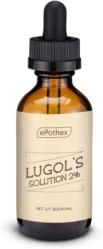 Lugols løsning 2% 2oz glassdropperflaske. Inneholder kalium jodid og jodid, 60 ml