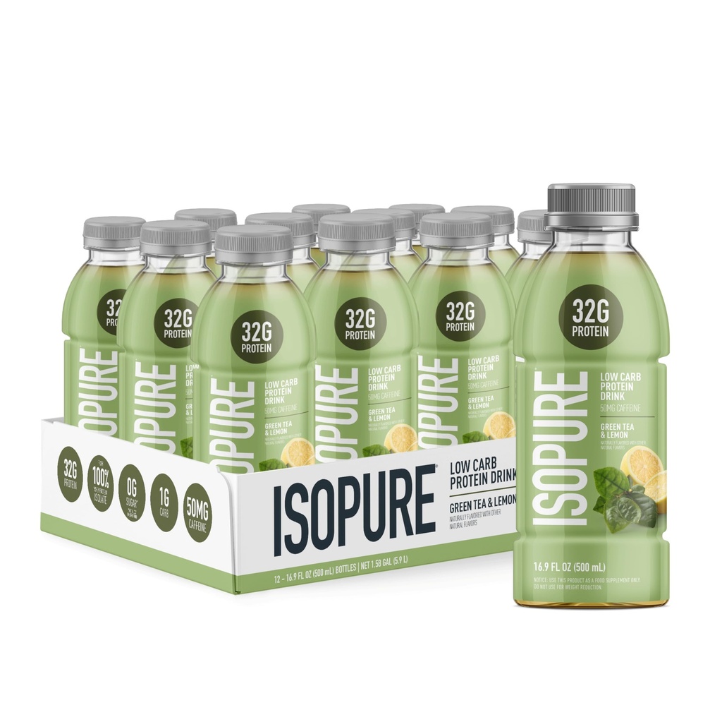 Isopure Zero Carb 32g Clear Protein Ready-to-Drink, Whey Protein Isolate, Grønn Te, 12 Packing May Vary)