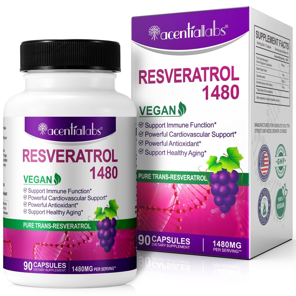 100% naturlig resveratrol - 1480mg Per servering, 90 Veggie kapsler, 99% ren trans-resveratrol, antioksidant for sunn aldring, hjerne og hjerte støtte