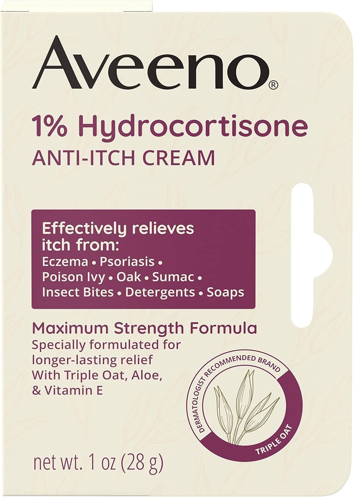 Aveeno Maksimum styrke 1% Hydrokortison Anti-Itch Cream, Triple Oat, Aloe & Vitamin E for Itch Relief fra Eczema, Psoriasis, Insekt Bites, Poison Ivy, Oak & Sumac & Detergents, 1 oz