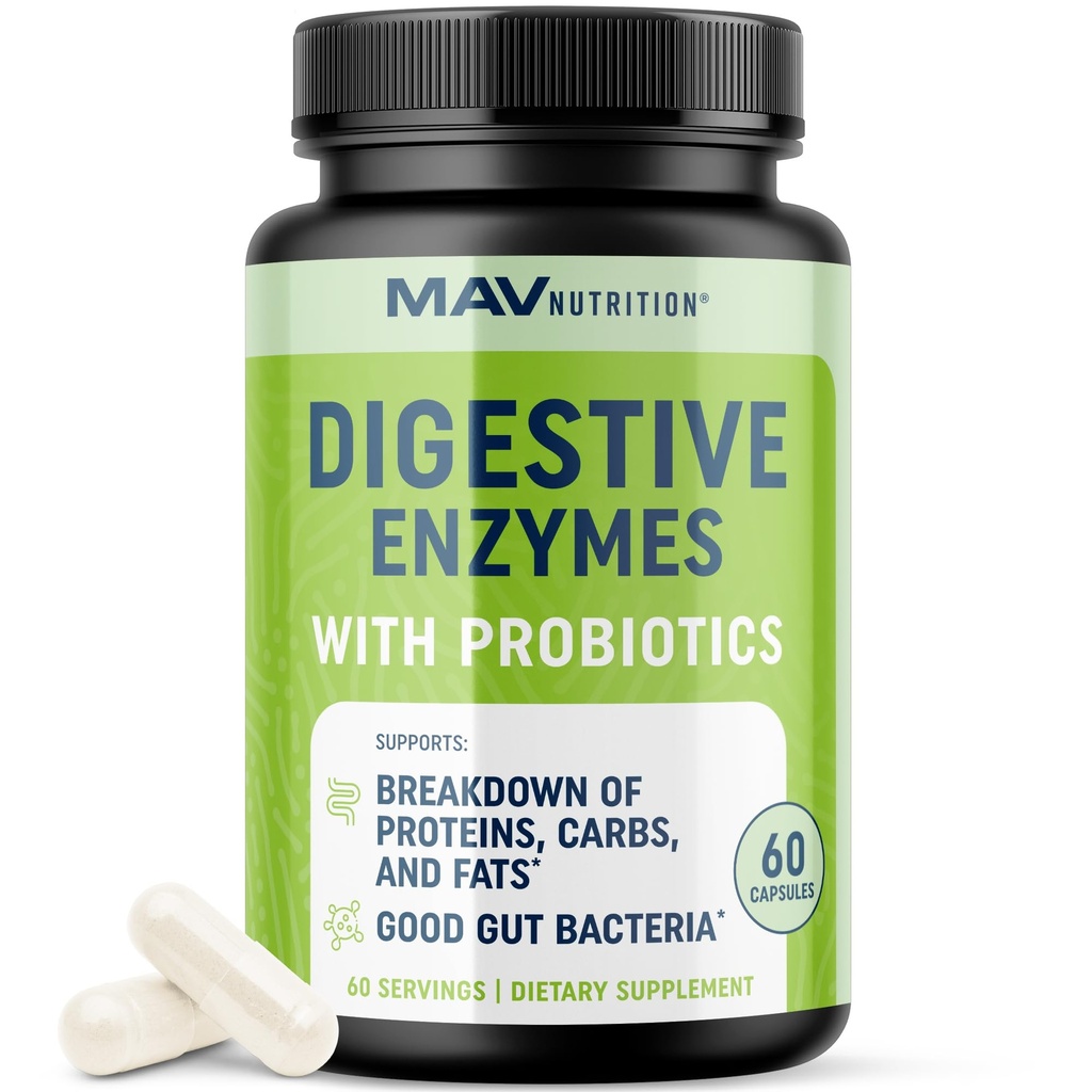 Enzimas Digestivas con Probióticos | Salud Digestiva para Mujeres y Hombres | Mezcla de Enzimas de 400 mg con Cepas Probióticas para la Digestión y la Salud Intestinal | Vegetariano | 60 Cápsulas
