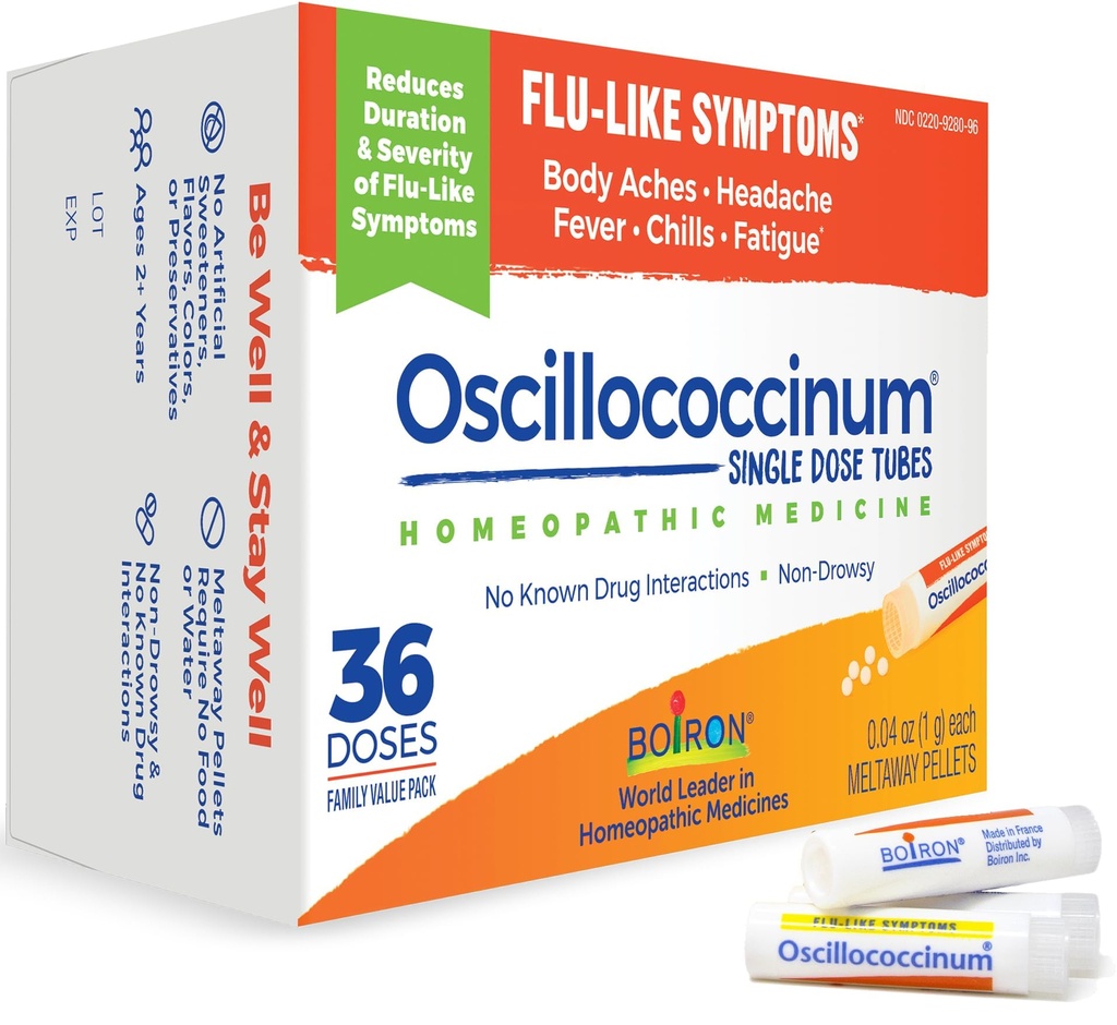 Boiron Oscillococcinum Homeopatisk medisin for influensalignende symptomer, hvit, 36 teller