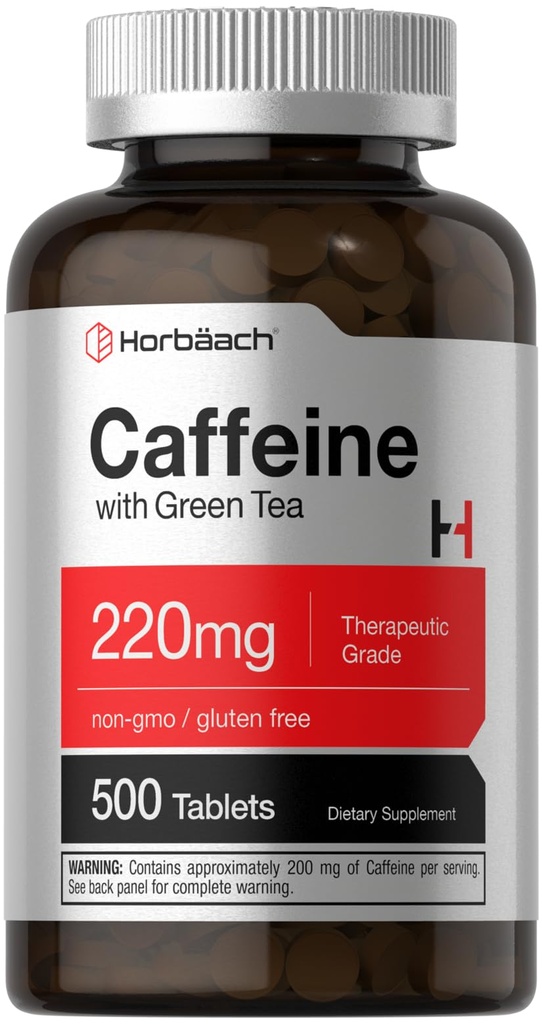 Horbäach Koffeinpiller 220 mg med grønn te | 500 tabletter | Vegetarisk, ikke-GMO & Glutenfri