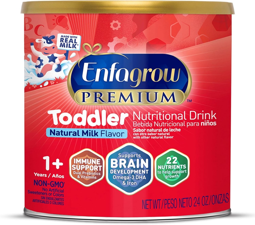 Enfagrow PREMIUM Toddler Ernæringsdrink, laget med ekte melk, Brain-building Omega-3 DHA, Næringsstoffer og prebiotika for vekst og immunstøtte, ikke-GMO, Toddler Melke pulver, 24 Oz Can