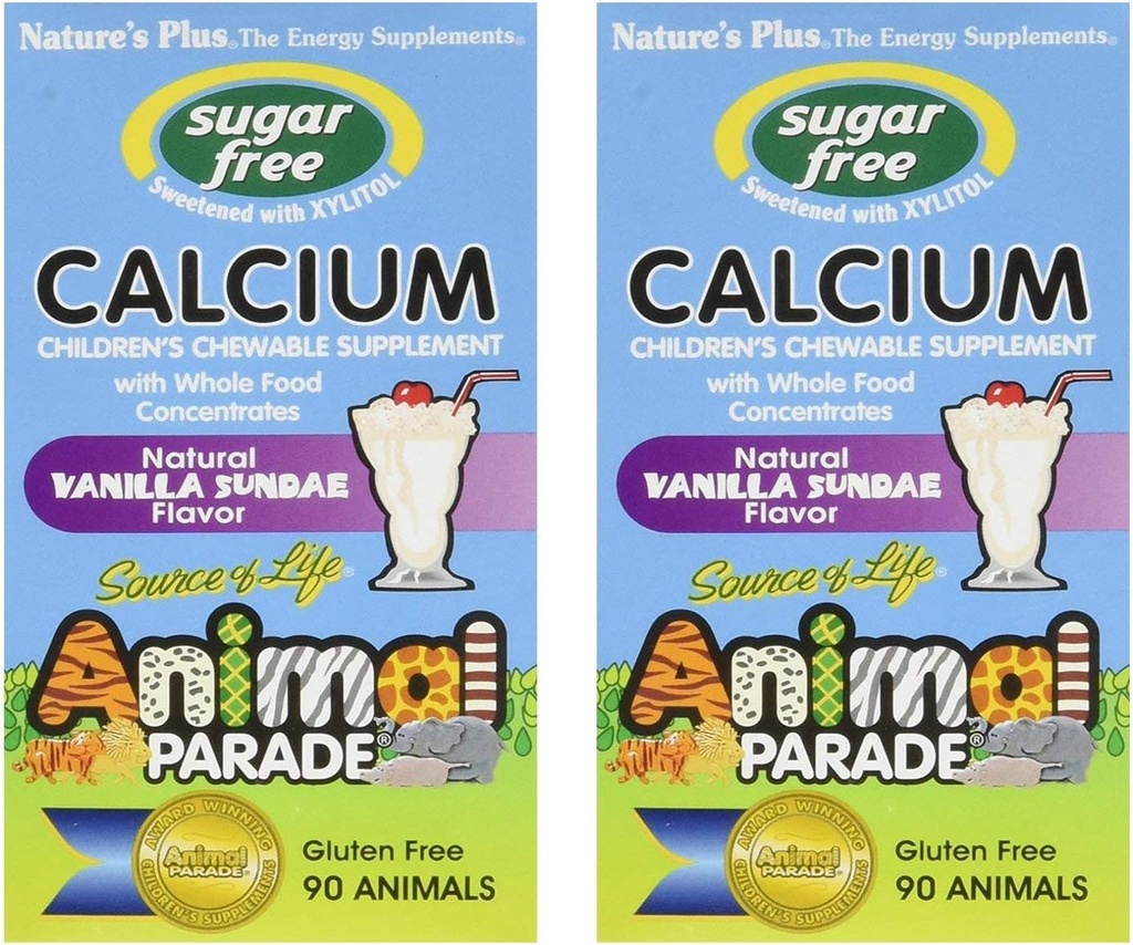 NaturesPlus Animal Parade sukker-fri barnekalsium, Vanilla Sundae Flavor - 90 Chewable Animal Shaped Tabletter, Pakke med 2 - Magnesium for bein helse - Glutenfri - 90 Serveringer