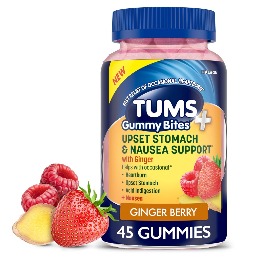 TUMS Plus Upset Mage & Needle Support, Diett Supplement, Ginger Berry - 45 Count