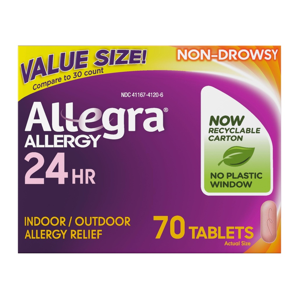 Allegra Adult 24-timers Allergi Relief Tabletter, Ikke-Drowsy Innendørs og Utendørs Allergi Medisin, 180 mg Fexofenadin HCI Antihistamin Pill, 70-tallet