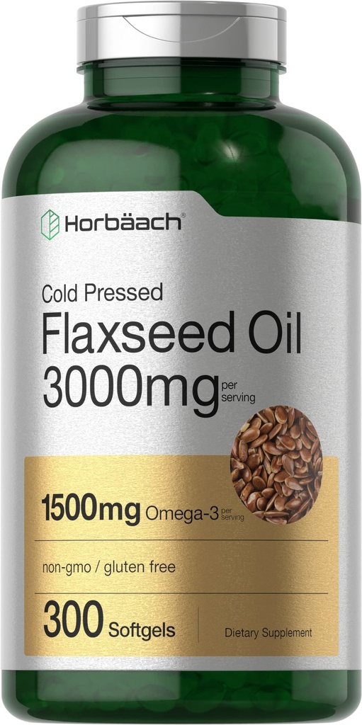 Horbäach Flaksfrø Olje Softgel Kapsler 3000 mg | 300 greve | Høy potens | med Omega 3 6 9 | Ikke-GMO, Glutenfri | Cold Pressed Flax frø