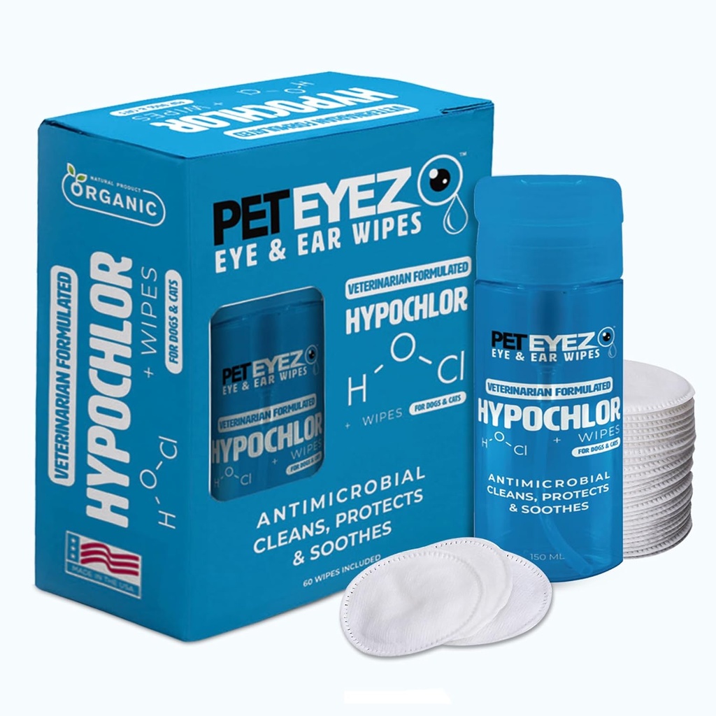 PetEyez Veterinær Formulert Tear Stain Remover løsning for hunder & katter - Hypoallergenisk Deodorizing Cleaner å fjerne dirt, utladning og crust fra ører, øyne, paws & butt - 100 Wipes