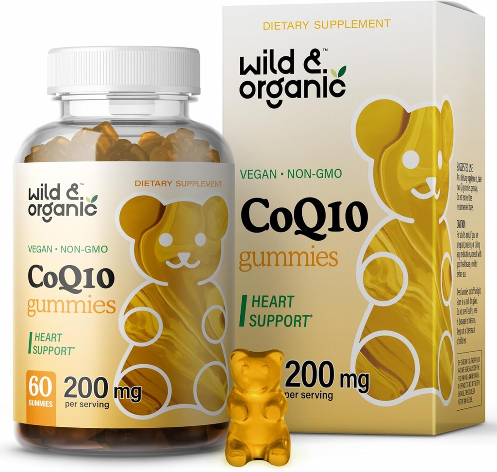 Wild & Organic CoQ10 Gummies - Vegansk CoQ10 200mg Antioksidant Supplement med Ubiquinon - Naturlig energi og fokus Gummier med Coenzym Q10-60 Ikke-GMO Pektin Chewables