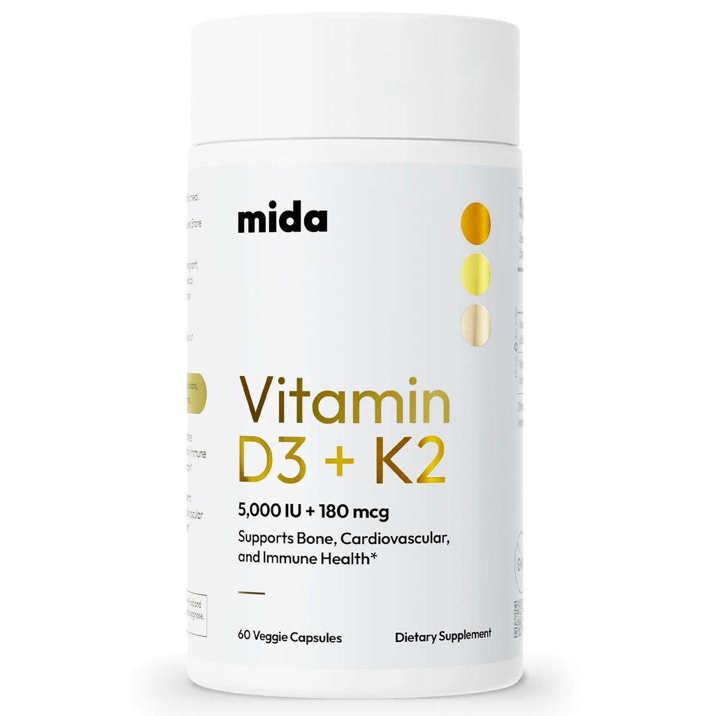 Mida Health® D3 K2 Vitamin 5000 IE med MK-7 | Naturlig kosttilskudd for bein, hjerte og immunstøtte | Voksen Vegan Capsules