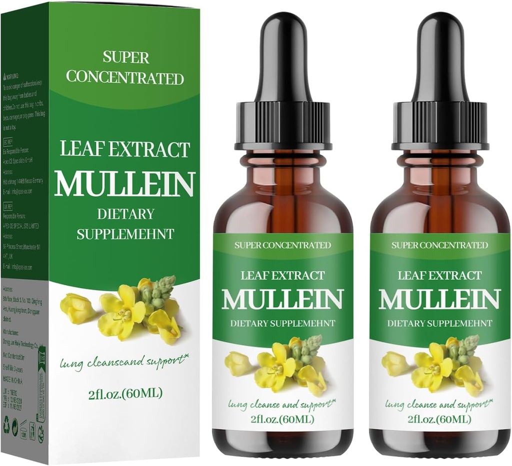 Mullein Drops for Lungs,Mullein Leaf Extract - Støtte Lung Cleanse - Økologisk naturlig kosttilskudd for voksne, Tinktur Drops | Ikke-GMO, Vegetarisk sunn livsstil-(2Pack)