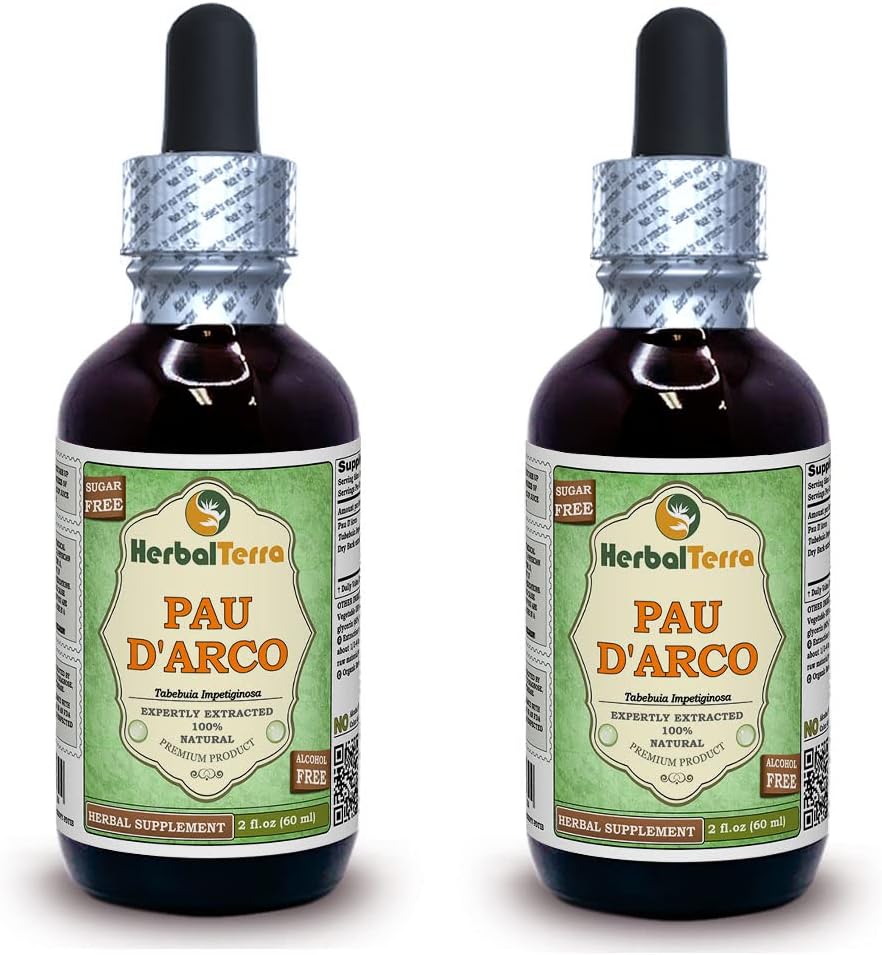 PAU d'arco (Tabebuia Impetiginosa) Glyceritt, tørket Bark alkohol-fri flytende ekstrakt (merkenavn: HerbalTerra, stolt laget i USA) 2x2 fl.oz (2x60 ml)