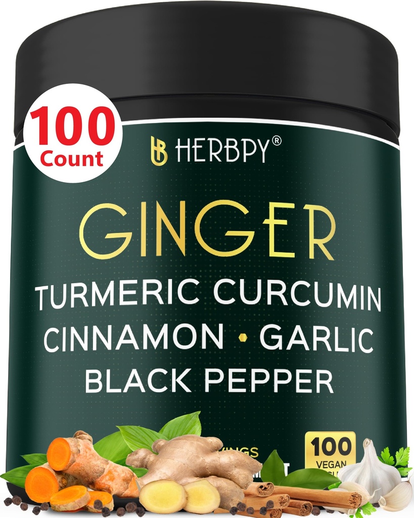 5in1 Ginger og gurkemeie kosttilskudd med ceylon kanel, hvitløk - Digestion, immun, hjerne og hjerte helse støtte - 100 vegansk kapsler