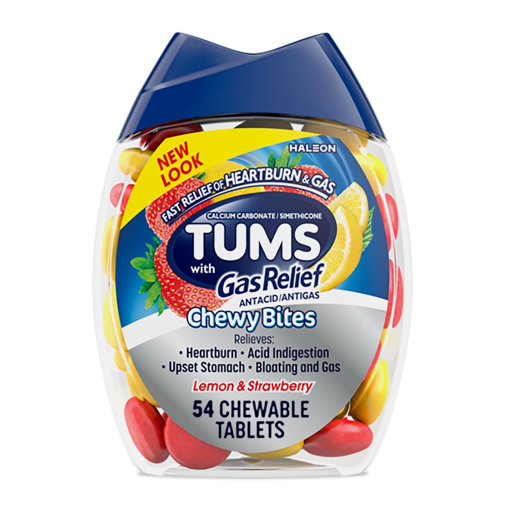 TUMS Chewy Bites Chewable Antacid tabletter med gass relief, sitron & jordbær - 54 greve