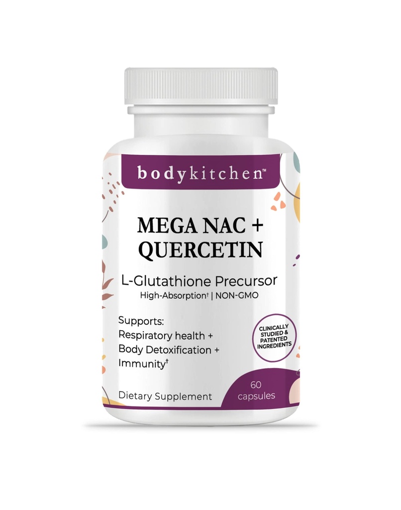 Body Kitchen Mega NAC (N-Acetyl Cysteine) 600 mg med Quercetin, støtter pustende helse og immunfunksjon og fremmer lever og nyre Detox, Veggie Caps, (pakke med 1)