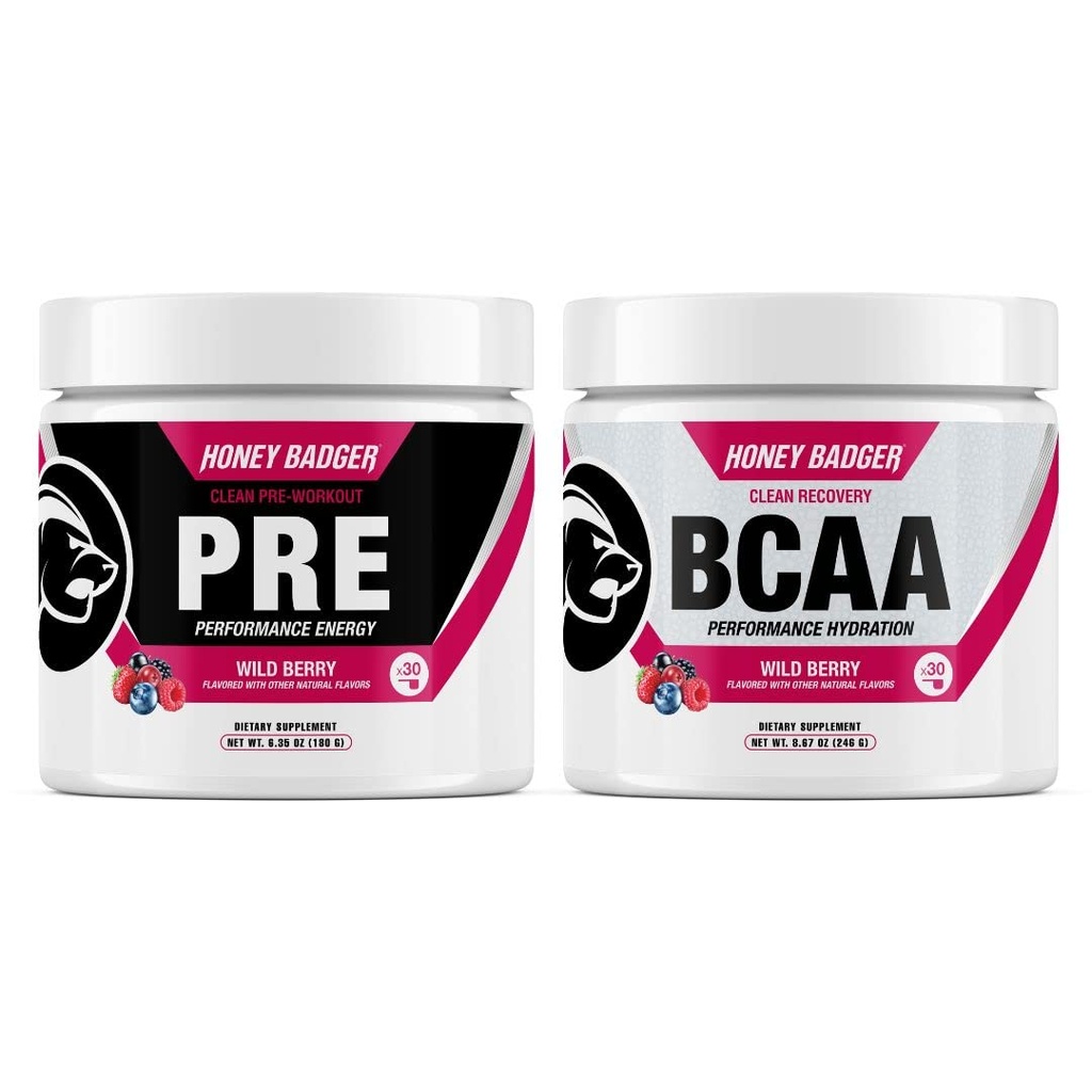 Honning Badger Pre trening pulver & BCAA Aminosyrer pulver Bundle | Beta Alanine, koffein & vitamin C + Electrolytes | Vegansk keto sukker gratis og paleo for menn og kvinner | 30 serveringer (Wild Berry)