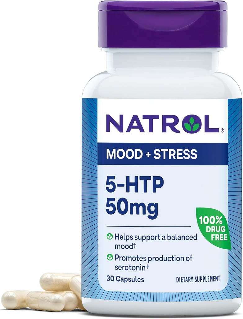 Natrol Mood & Stress 5-HTP 50mg, Dietary Supplement hjelper støtte en balansert humør, 30 kapsler, 7-30 dagers levering