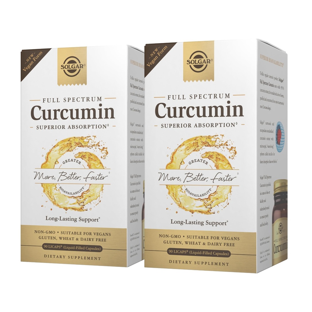 Solgar Full Spectrum Curcumin - 90 LiCaps, Pakke med 2 - Superior Absorpsjon - Hjerne, Joint & Immune Health - Non-GMO, Vegan, Glutenfri, Dairy Free - 180 Total Services