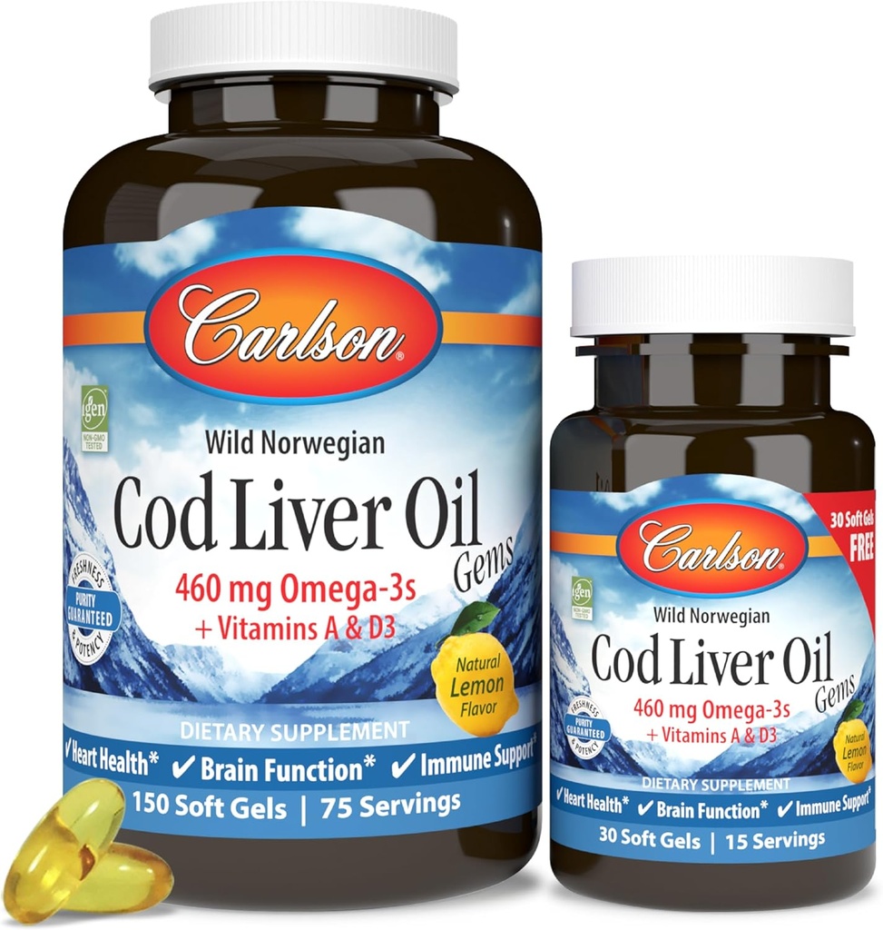 Carlson - Cod Liver Oil Gems, 460 mg Omega-3s + Vitaminer A & D3, Wild-Caught Norsk Arctic Cod Liver Oil, Sustainly Sourced Nordic Fish Oil Capsules, Lemon, 180 Softgels