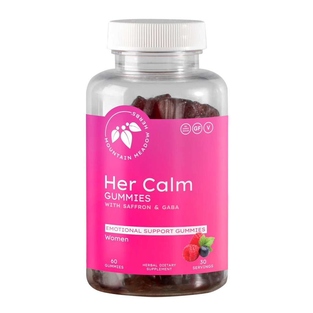 Fjell Meadow urter hennes rolige gummier – naturlig Mood støtte med Saffron, lidenskap Blomster, St. John's Wort, GABA – Stress Relief Supplement for kvinner – 60 ct