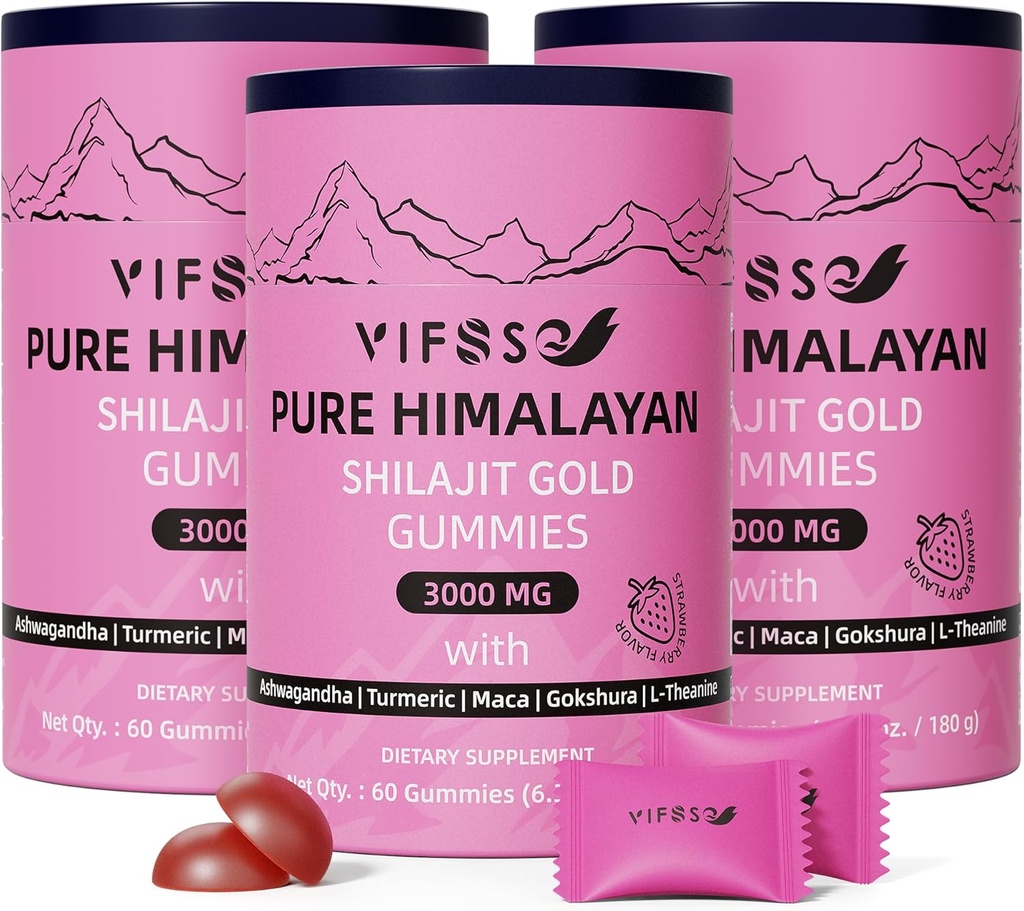 Shilajit Gummies, 3000 Mg Shilajit ren Himalayan Organic med Ashwagandha, Turmeric Sukkerfri Gummies for menn og kvinner, Shilajit Supplement, Non-GMO Nature Shilajit for energi, 180 Gummies