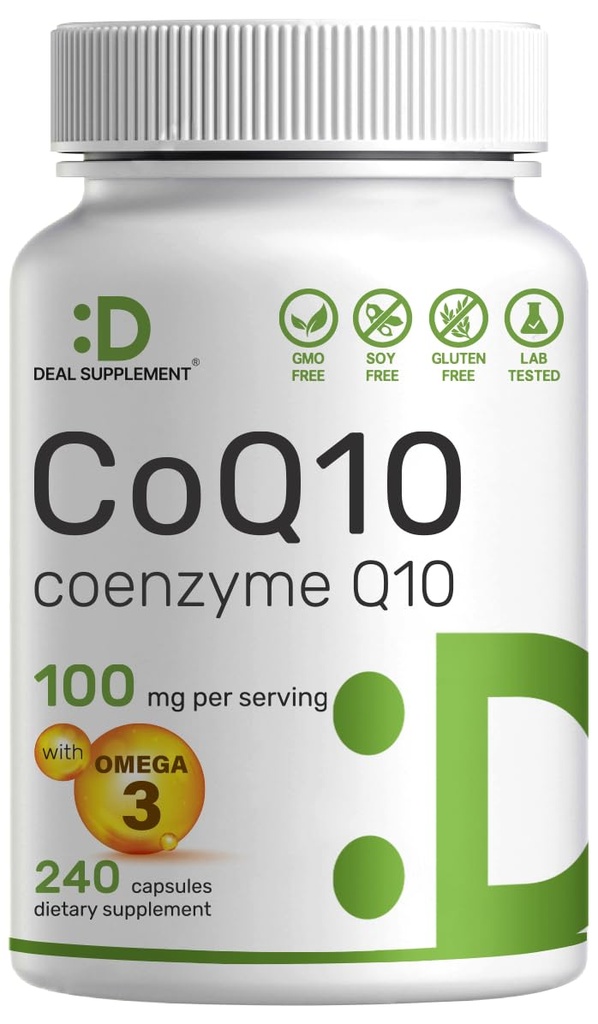 DEAL Supplyment CoQ10 100mg med Omega 3 100mg, 240 kapsler | Biotilgjengelig Coenzym Q10 Formula | Ikke-GMO