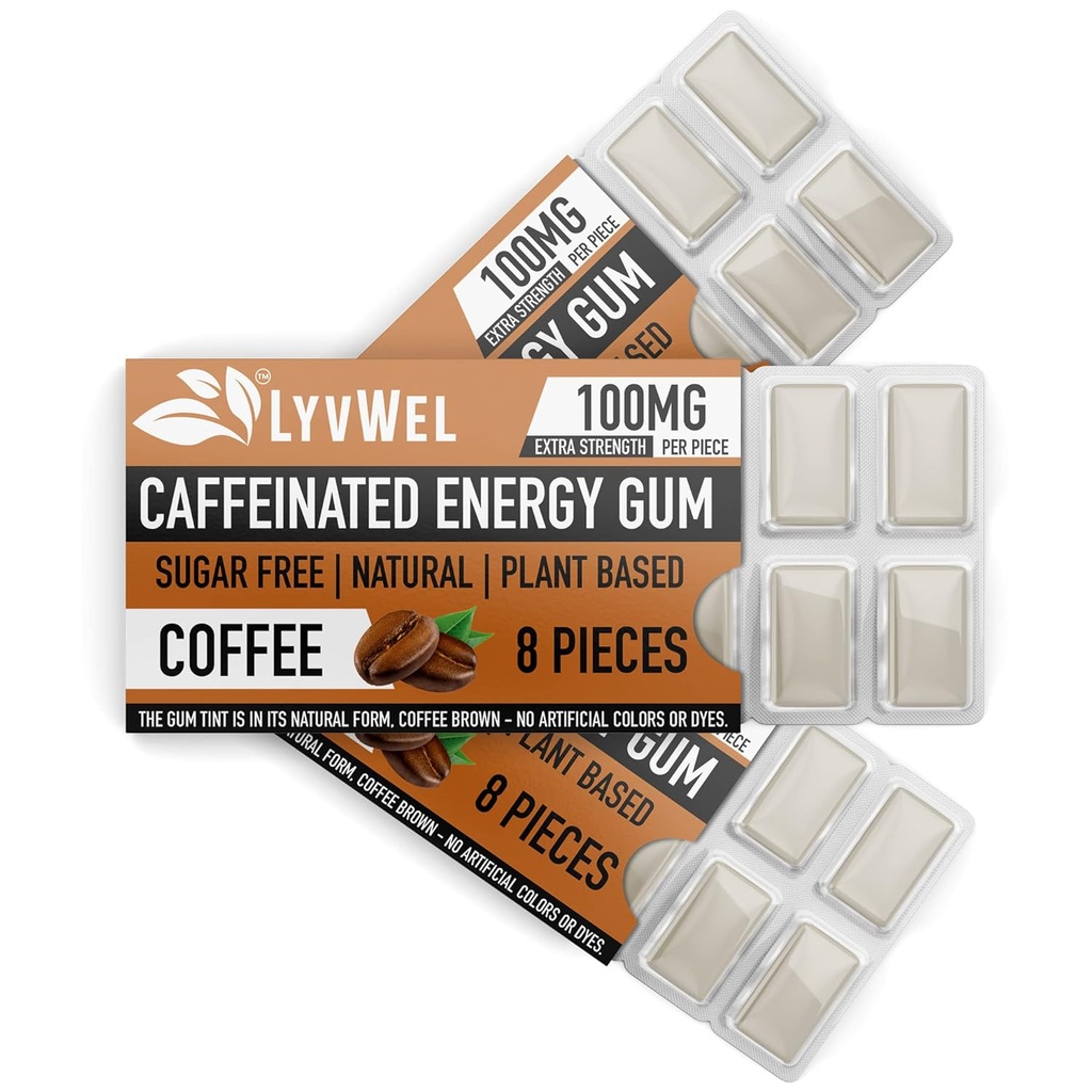 LyvWel Energi Gum ® 100mg Koffein per per edel ® Alt naturlig ® Sukkerfri pre-workout Boost: ditt essensielle energitilskudd for å holde deg våken - 3 pakke (kaffe)