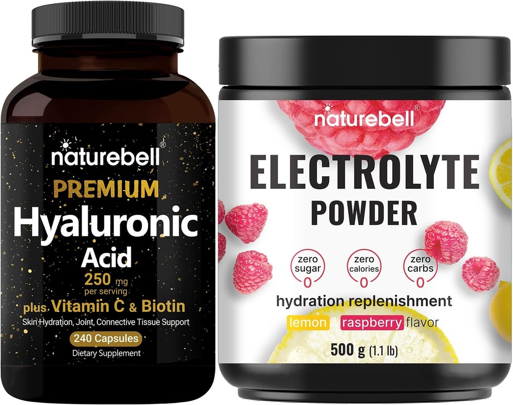 NatureBell Hyaluronsyre Kapsler med Biotin + Vitamin C & Electrolyte Hydration Powder Bundle Pack | Complete Beauty Care Complex