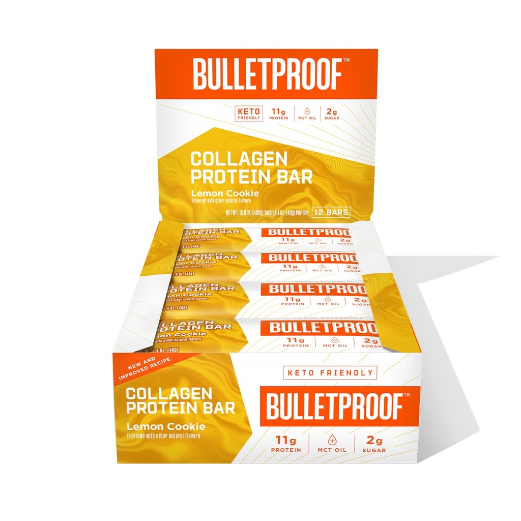 Bulletproof sitron Cookie collagen Protein Bars, Pakke med 12, keto-vennlig snack med MCT olje, Grass-fed collagen, Ingen tilsatt sukker
