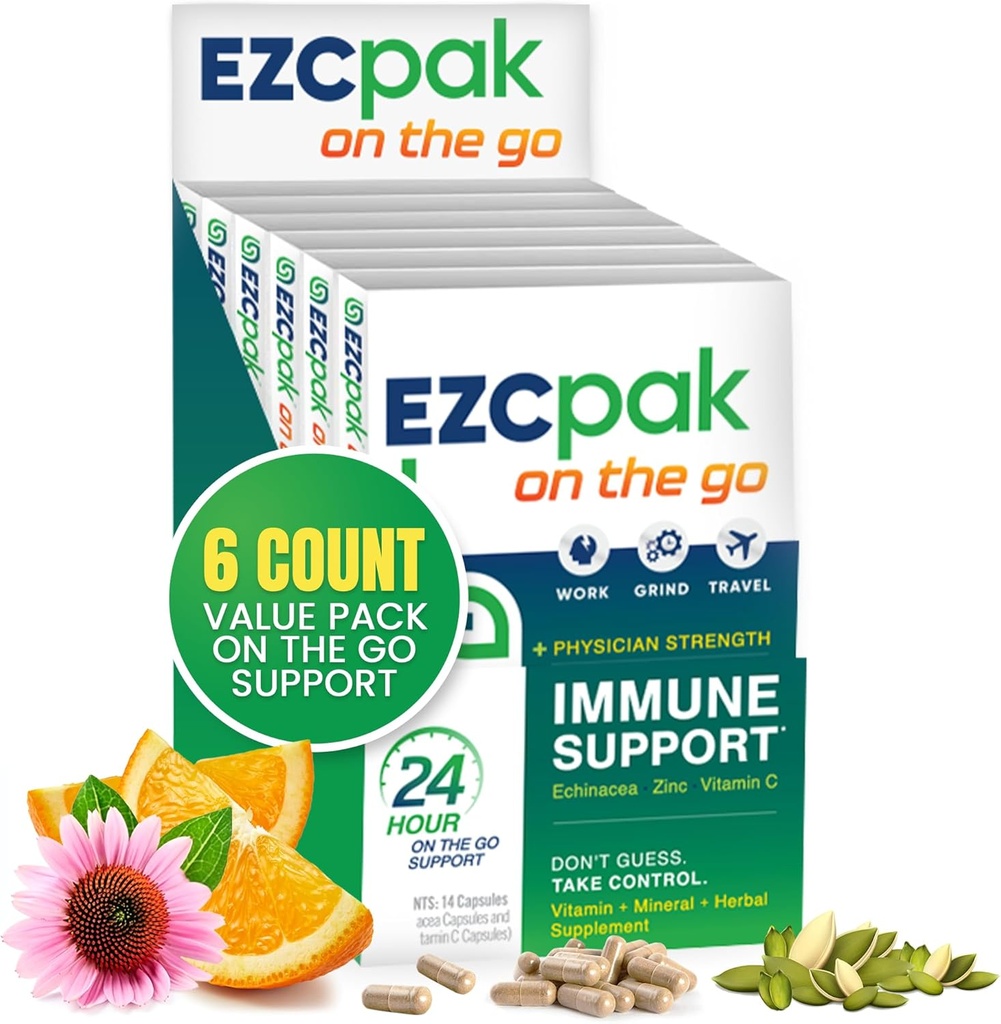 EZC Pak on the Go Immune System Booster with Echinacea, vitamin C, sink, immun støtte supplement, immunforsvar vitaminer for voksne, reisevennlig emballasje, vegetarisk, Glutenfri - Pakke med 6