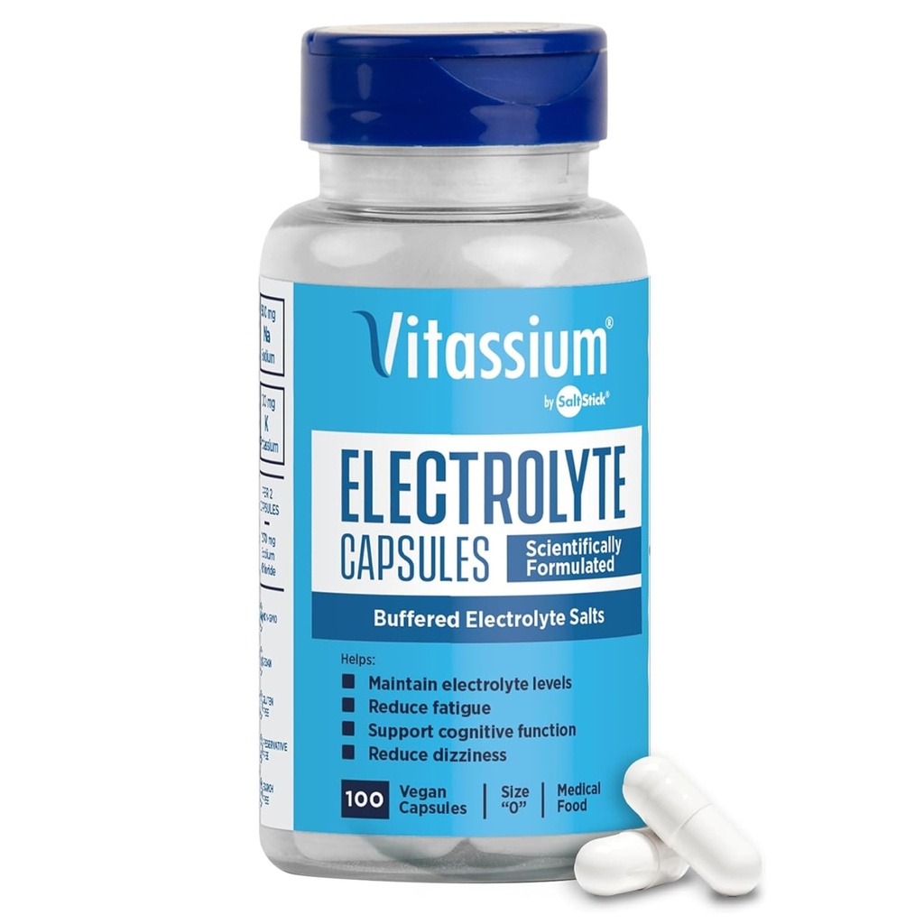 Vitassium Electrolyte Capsules, Electrolytes for behandling av POTS og høy natriumdiett (500 mg natrium - 100 mg kalium), Unflavored, 100 saltpiller (størrelse 0)