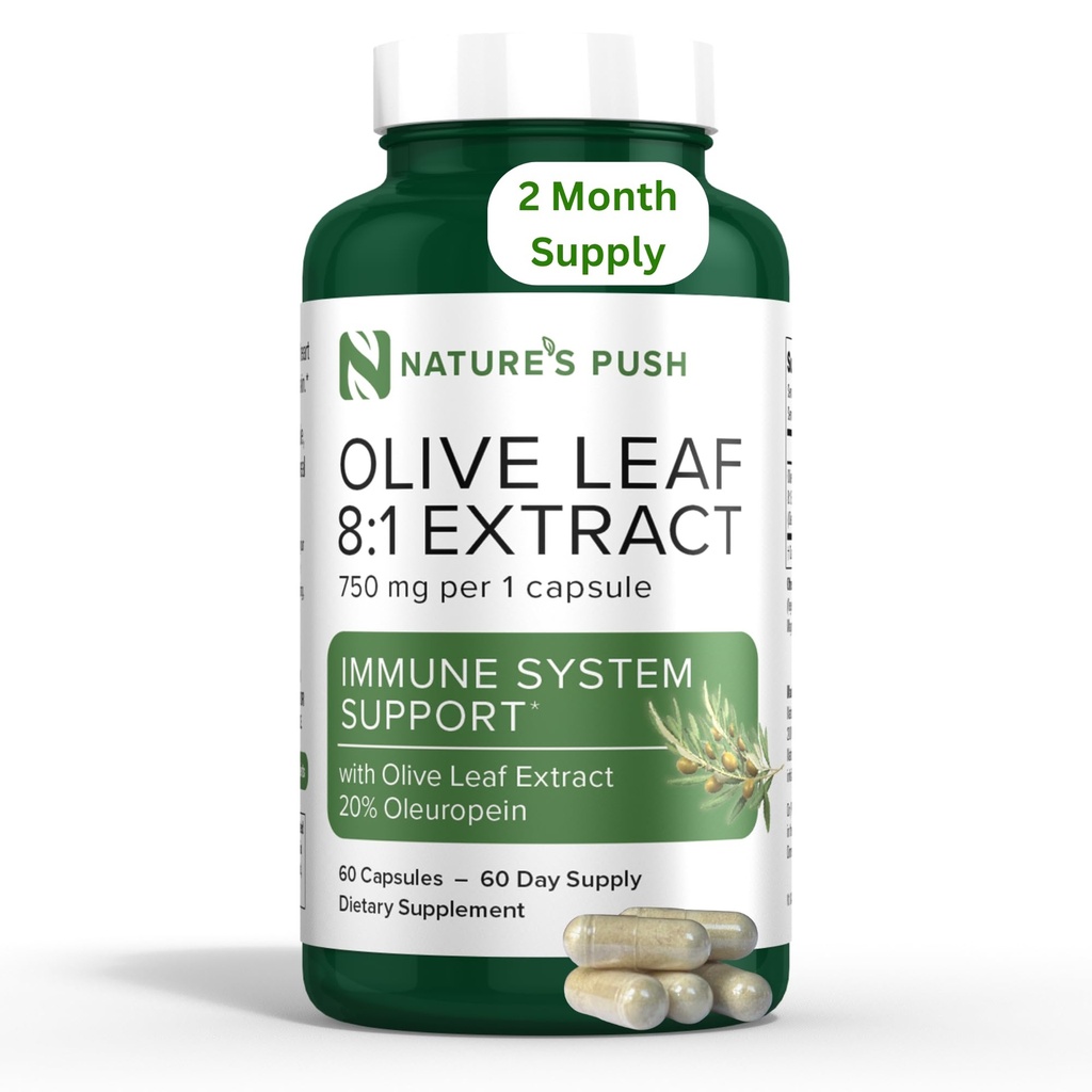 Naturens Push Super Potent Olive Leaf 8:1 Ekstrakt 20% Oleuropein 750mg Kapsel Immunsystem, hud og hjerte helse støtte Vegan Non-GMO USA cGMP Glutenfri Antioksidanter 60 kapsler 2 måneders forsyning
