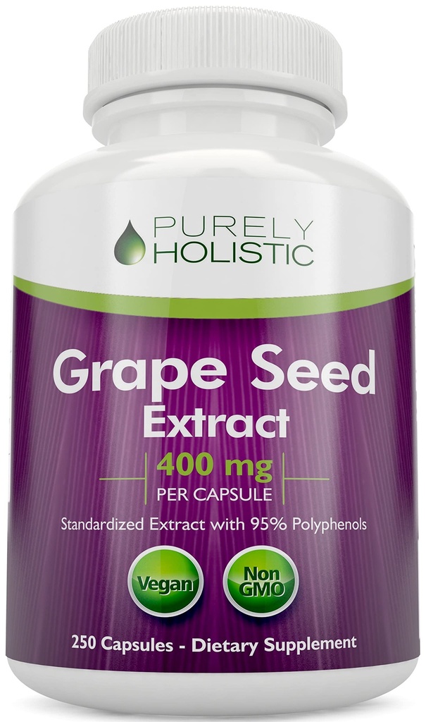 Rent Holistisk Grape Seed Ekstrakt 20 000 mg - 250 Vegan Capsules - 8+ Måneds Supply - Standardisert til 95% Polyphenoler - 400 mg per Kapsel - Maksimal styrke Grapefrø - Ikke-GMO & Pesticid Free