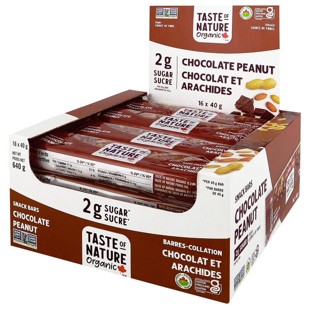 Smak av naturen - Økologisk 2g Sugar Sjokolade Peanut - lav sukkersnack og frokostbar, høy fiber energibar - 16 greve Snack Pack