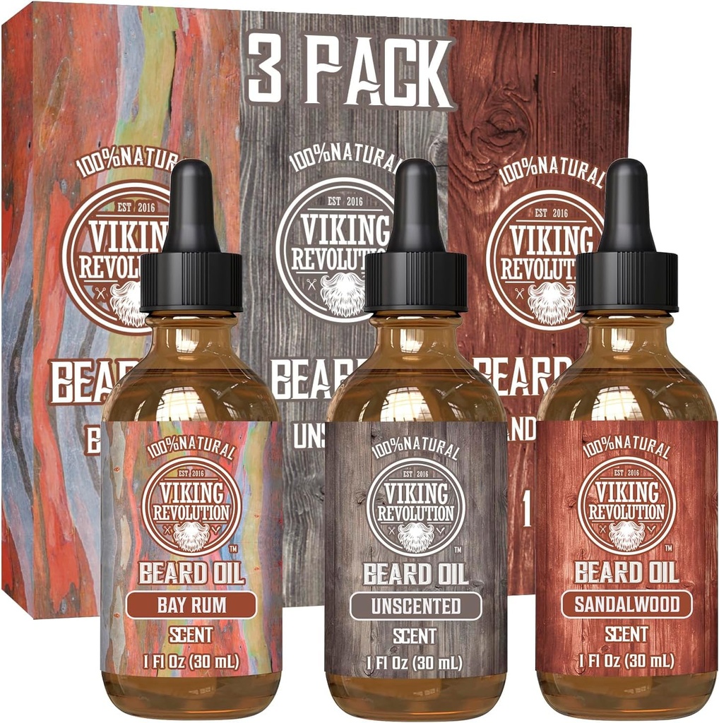 Vikingrevolusjon Beard Oil for menn 3 Pack - Naturlig Mens Beard Oil Variety Set 2 - Sandalwood, uscented og Bay Rum Scenter - Beard Conditioning og moisturizing for en sunn beard (3 Pack, 1oz)