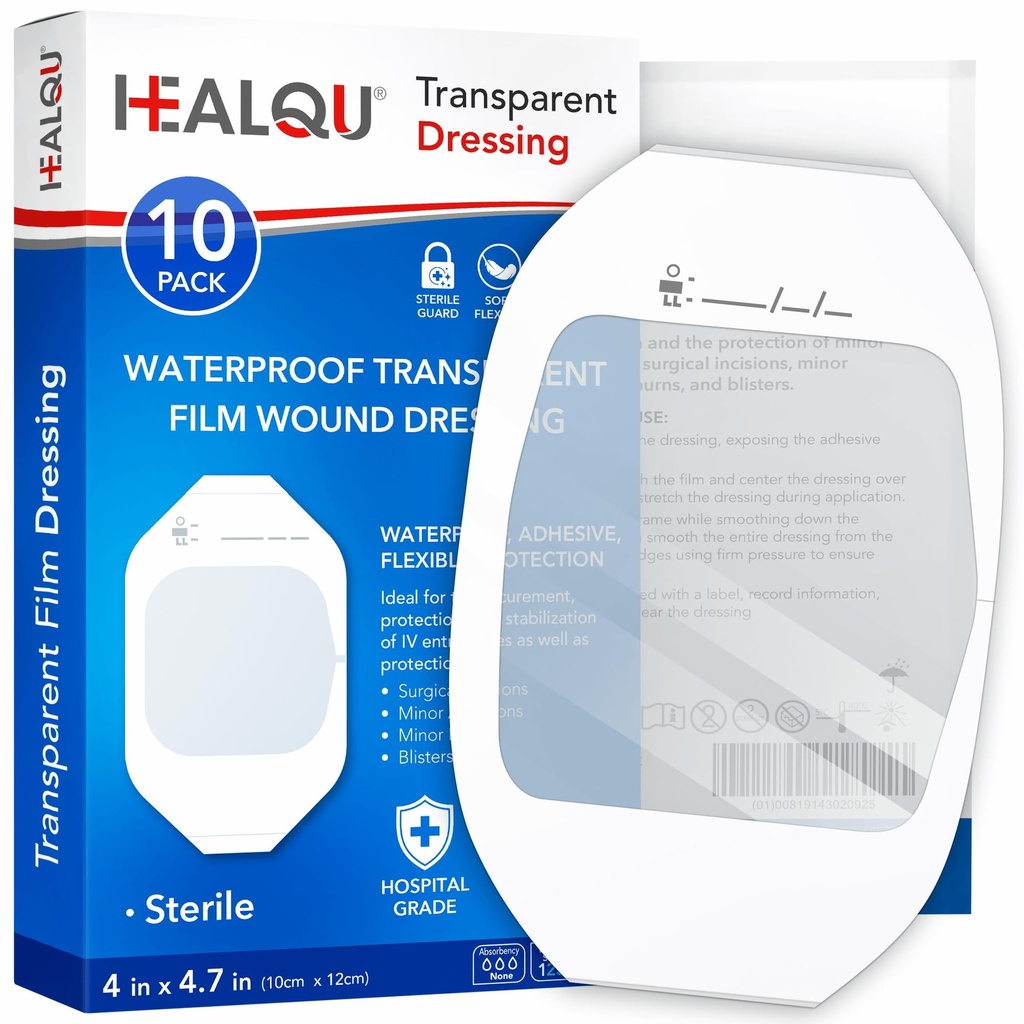 Transparent Film Dressing 4" x 4,75" (10 Pakke) - Vanntett Klesbær Bandages for Post-Surgical Dusj, IV Shield, Tattoo Aftercare, Klar pustende kleslapper av HEALQU